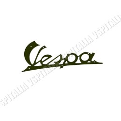 Targhetta anteriore -Vespa- in metallo colore verde scuro in corsivo fissaggio 6 ribattini testa bombata ø1,4mm. per Vespa125 VN