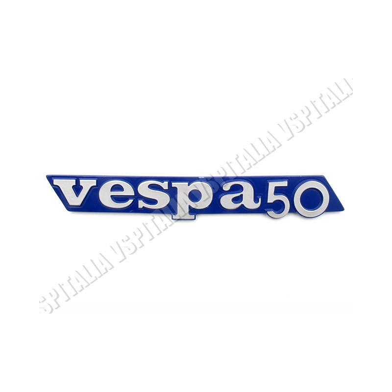 Targhetta sportello laterale -Vespa 50- in plastica colore blu e argento, fissaggio con 3 perni per Vespa PK 50 HP - R.O. Piaggi